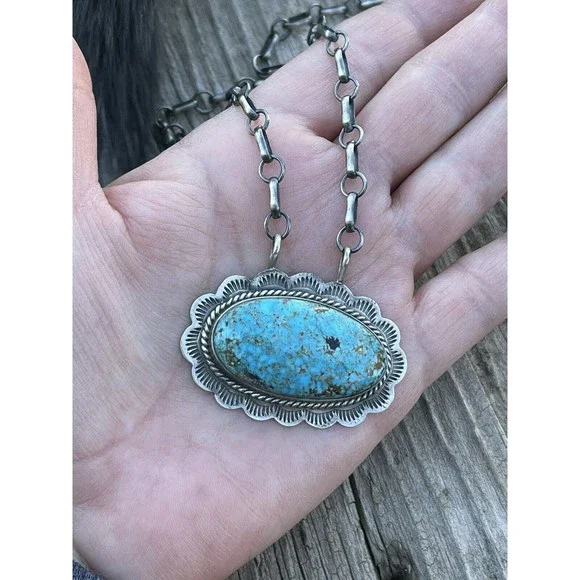 Navajo Sterling Silver & Royston Turquoise Stone Southwest Necklace Signed